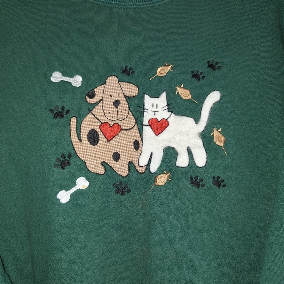 VINTAGE Oarsman 913 Women Sweatshirt XL Green Graphic Dog & Cat Embroidered - Picture 5 of 10